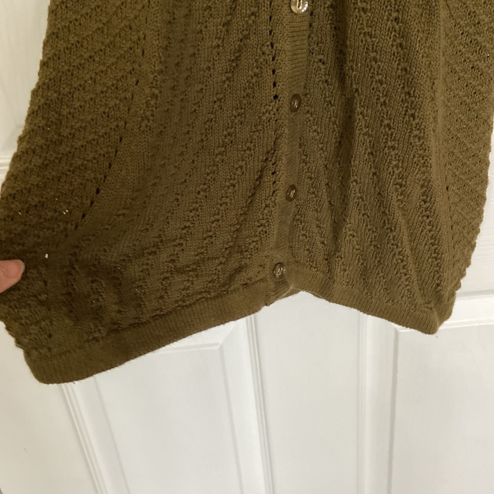 2 Isaac Mizrahi Olive Button Sweater Cardigan - Short Sleeve Open Weave, Peplum - Picture 12 of 14